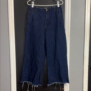 ZARA Z1975 High Rise Wide Leg Cropped Dark Wash Raw Hem Jeans Sz: 8 Inseam: 24”